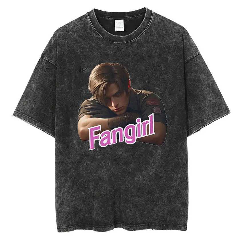 Vintage Washed Leon S Kennedy Resident Evil 4 T Shirt Mens Gothic Punk Short Sleeve T-Shirts Fashion Harajuku Oversized T-shirt X25011312