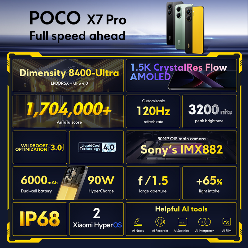 Global Version POCO X7 Pro Global Version Smartphone Dimensity 8400-Ultra 6000mAh 90W Charge 50MP camera with OIS 120Hz NFC 5G