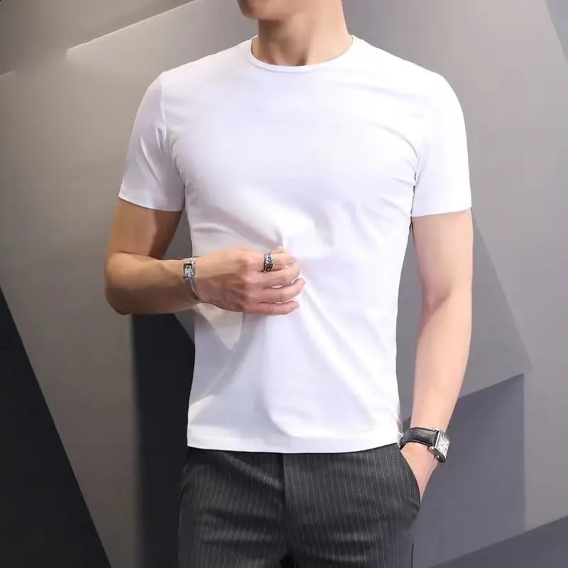 Tshirt White Black Shortsleeved Mens Clothing Slim Round Neck Bottoming Shirts Solid Color Tees Male Casual Pullover Tops 250113