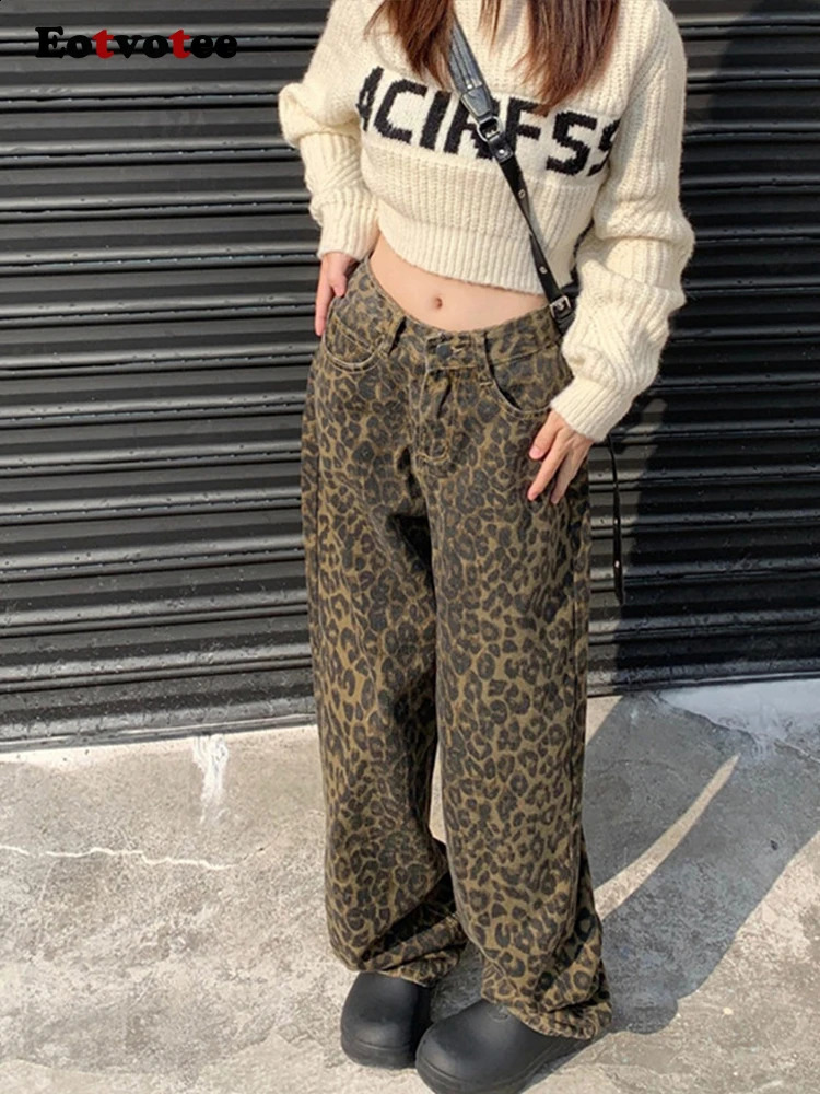EOTVOTEE American Casual Leopard Straight Pants Jeans for Women High Waist Loose Button Y2k Wide Leg Pants Women Jeans 250113