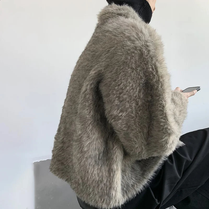 Autumn Winter Plush Jacket Lapel Faux Fur Single Breasted Coats Loose Casual Versatile for Men Women Trendy Outwear 250107