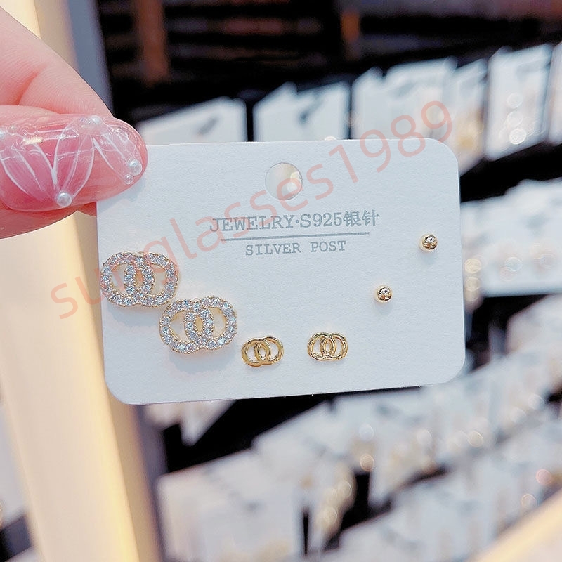 mini size 101 hot selling 18k goldplated designer 925 silver luxury brand letter earrings geometric socialite round crystal diamond pearl earrings wedding party
