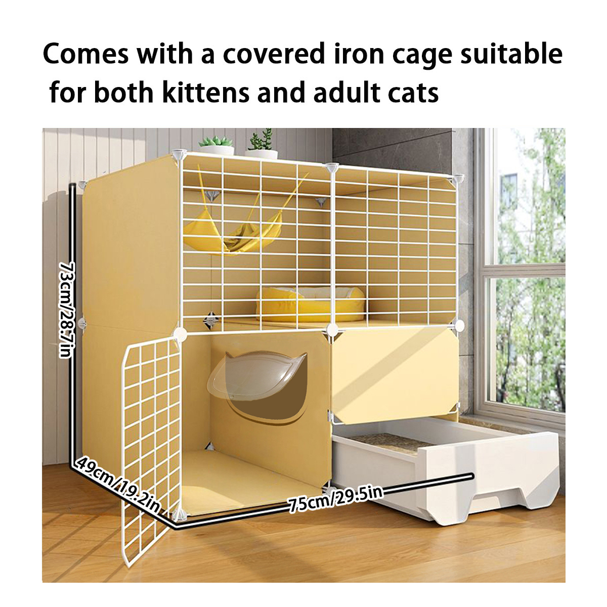 Space-Efficient Indoor Cat Cage with Integral Sandbox Perfect Kitty Hideout for Homes