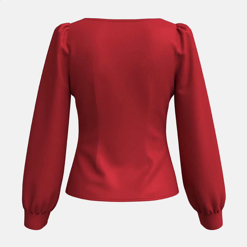 Mia Muse Womens Blouses Autumn French Elegant Plain Puff Sleeve Plunge Neck Fashion Party Dating 250102