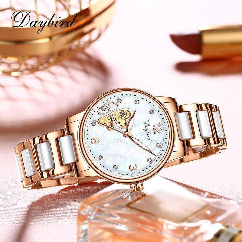New Hollow out Mechanical Night Glow Ceramic Clover Women's Watch Temperament Waterproof