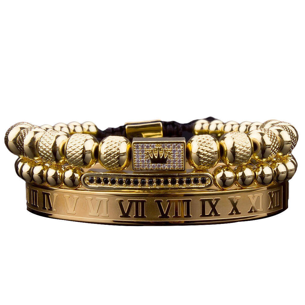 Fashion Designer Jewelry 3pcs/Set Luxury Gold Royal King Crown Men Bracelets Roman Numeral Bracelet Unique Design Braided Adjustable Bangle BF Gift Bi