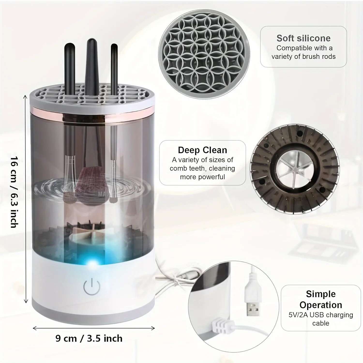 2-Piece Set 3-in-1 Silicone Cleaning Bowl and Gray Makeup Brush Cleaner with Storage Box