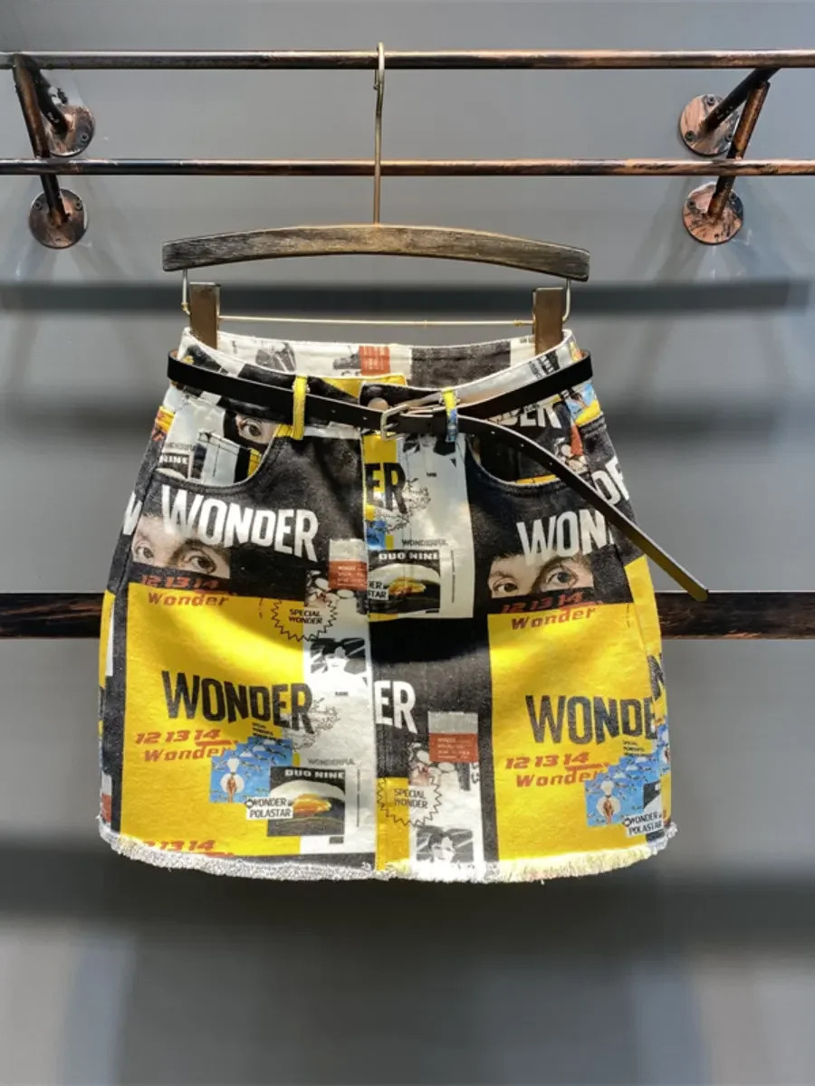 Korean Style Mini High Waist A- E Slim-Fit Sheath Skirt Female Summer Fashion Printed Pattern Denim Skirts For Women