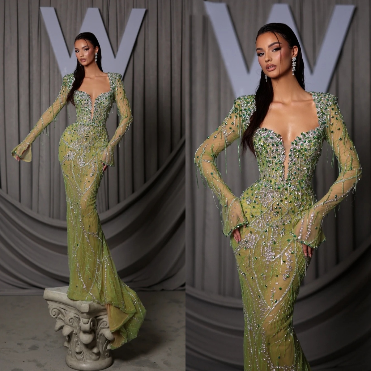 Evening Dresses For Women Sweetheart Neck Long Sleeves Gown Crystal Sequins Sweep Train Customized Dress Party