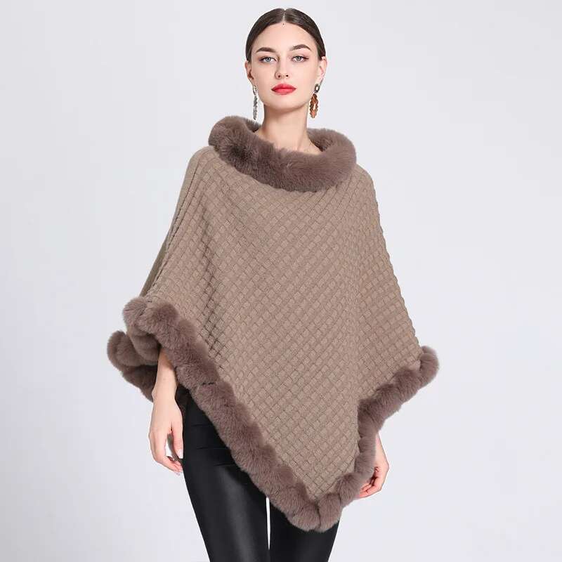 Fashion Plaid Stripes Faux Fur Pullover Cape Coat Women Autumn Winter Knit Poncho Cloak Wraps Travel Leisure Party Shawl
