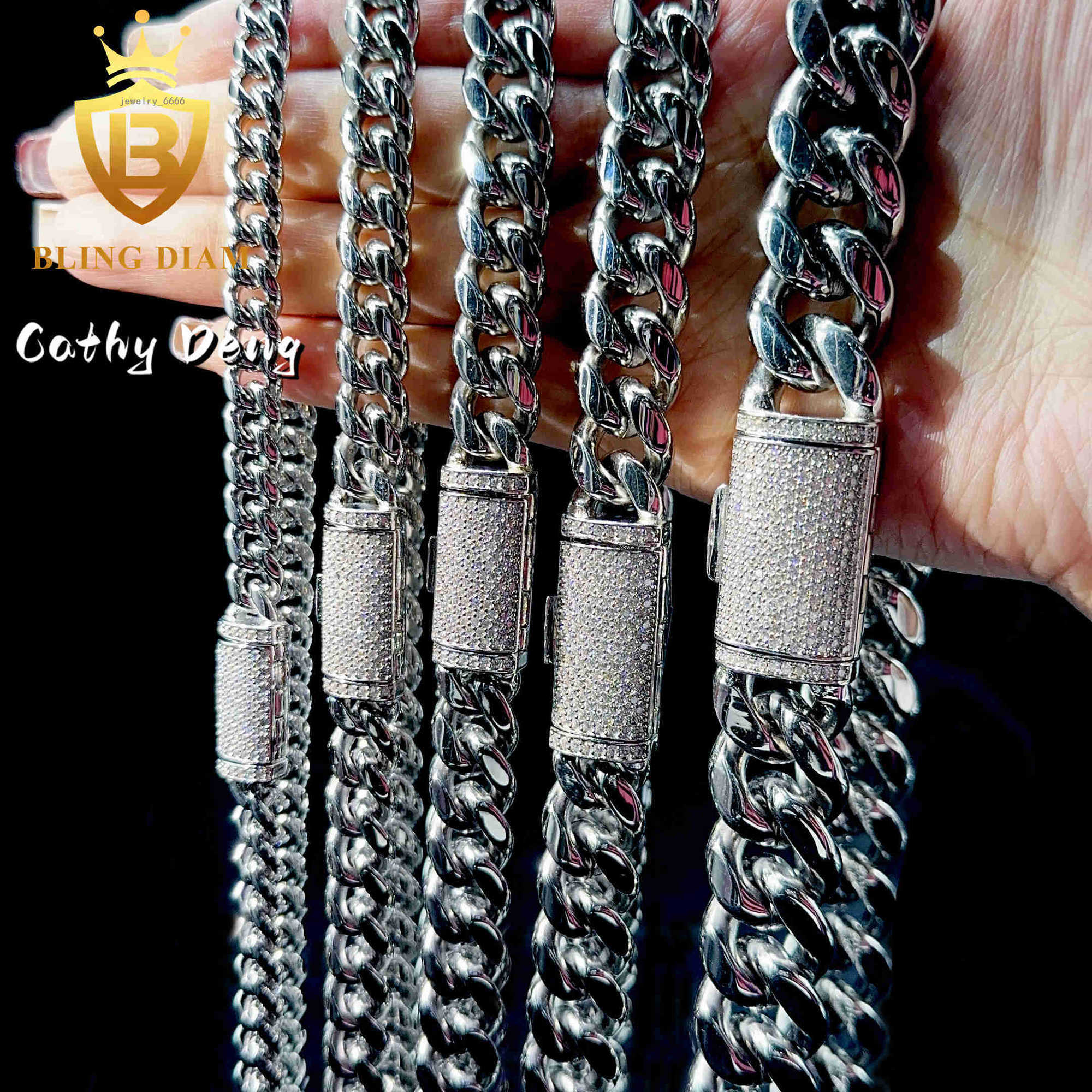Ready Shipping 8mm 12mm 14mm 18mm 316L Stainless Steel Cuban Chain With 925 Silver Moissanite Clasp Miami Chain for men women