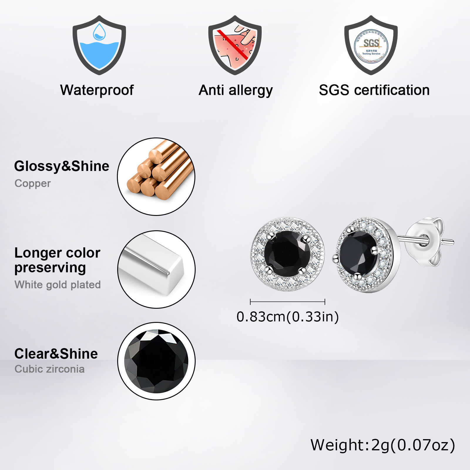 Vnox Wholesale Earrings Fashion Stud Earrings Men Jewelry Steel Color Copper Black Zirconia Round Fashion Stud Earrings