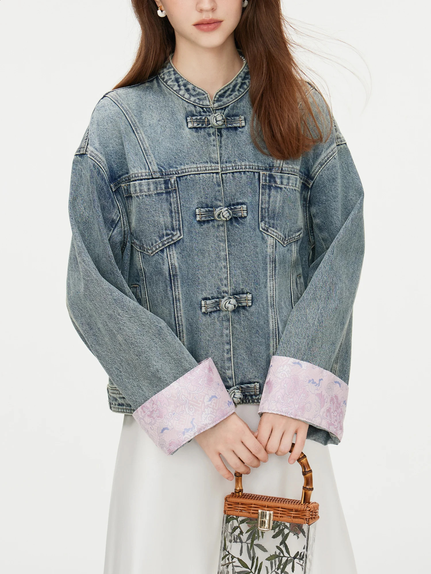 FSLE Chinese Style Satin Stitching Retro Denim Jacket Versatile Casual Womens Autumn Wear n 24FS13013 250102