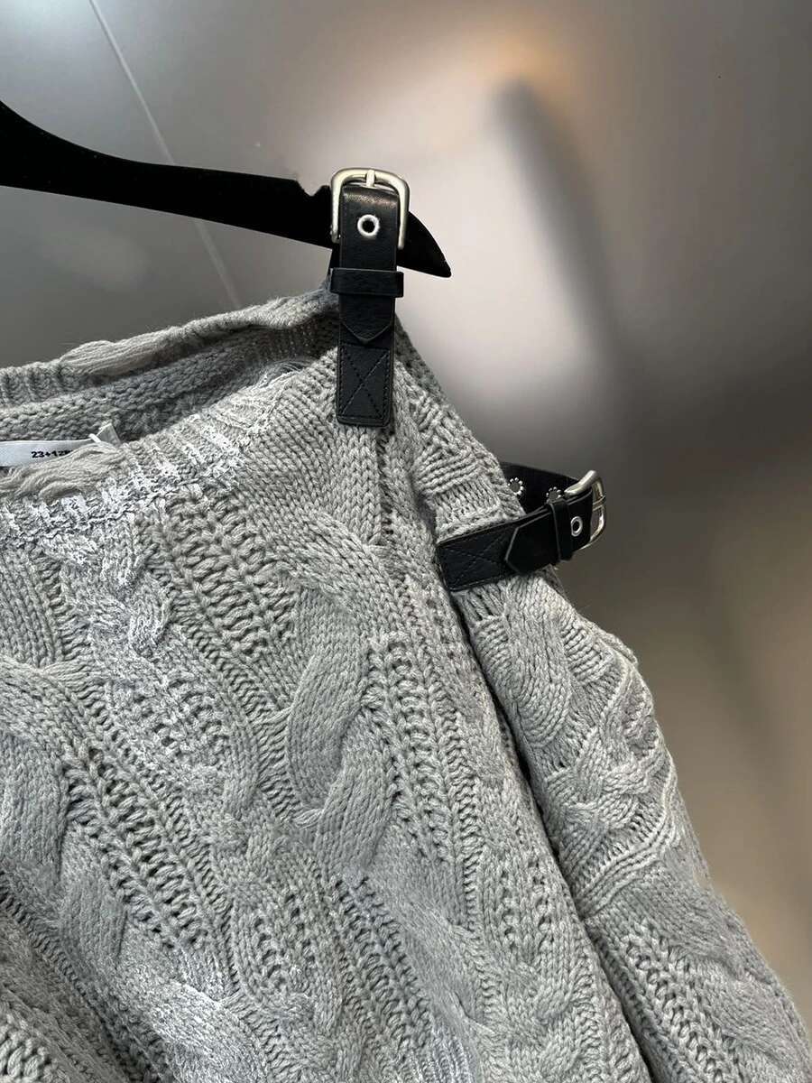 VGH Hit Color Hollow Out Loose Knit Sweater For Women Round Neck Long Sleeve Spliced Belt Pullover High Street Sweaters Female