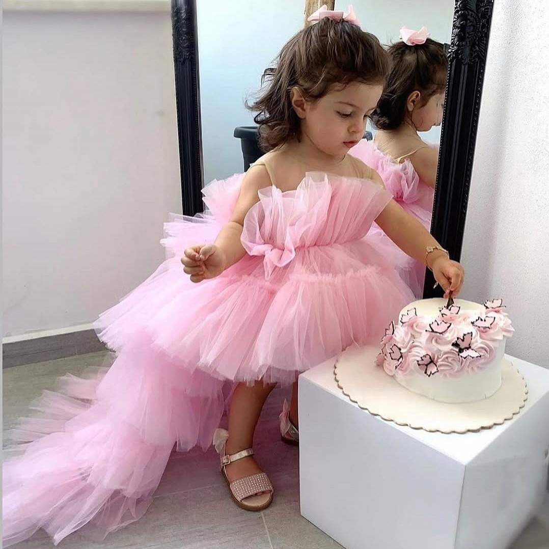 High Pink Low Princess Wer Girl Dresses For Wedding Sheer Jewel Necke Toddler Pageant Gowns Tulle Tiered Birthday Party Dress