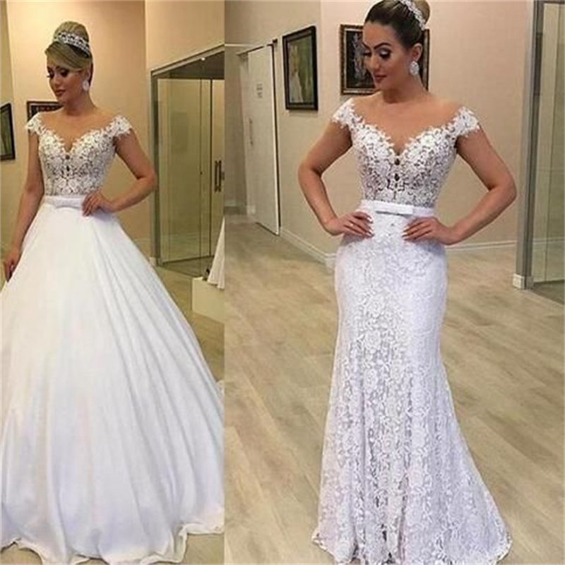 Egyptian 2 In 1 Wedding Dress Detachable Train Overskirt Civil Bridal Cap Sleeve Lace Mermaid Bride Dress Convertible Church Country Bobo Vestio De No