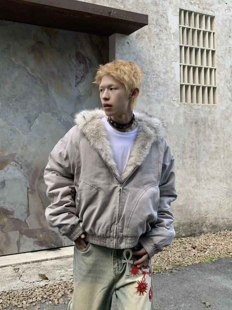 Men's Jackets American Fashion Woolen Collar Hooded Cotton Jacket Winter Thick Plush Top Men Street Hip-Hop Harajuku Oversize Coat