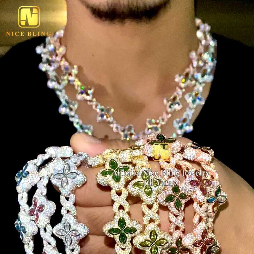 15 Options Colorful Moissanite Flower Cuban Bracelet Ready Stock Hip Hop Fancy Diamond Cuban Link Chain Moissanite 925 Silver
