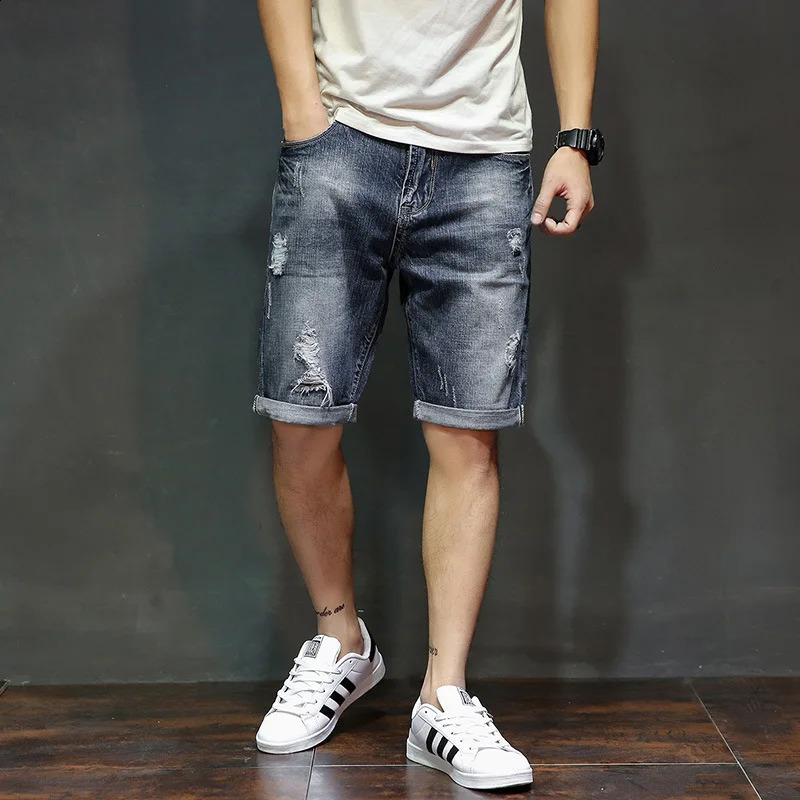Summer Mens Denim Shorts Fashion Slim Fit Elastic Cotton Blue Wash Ripped Jeans Male Clothes 250103