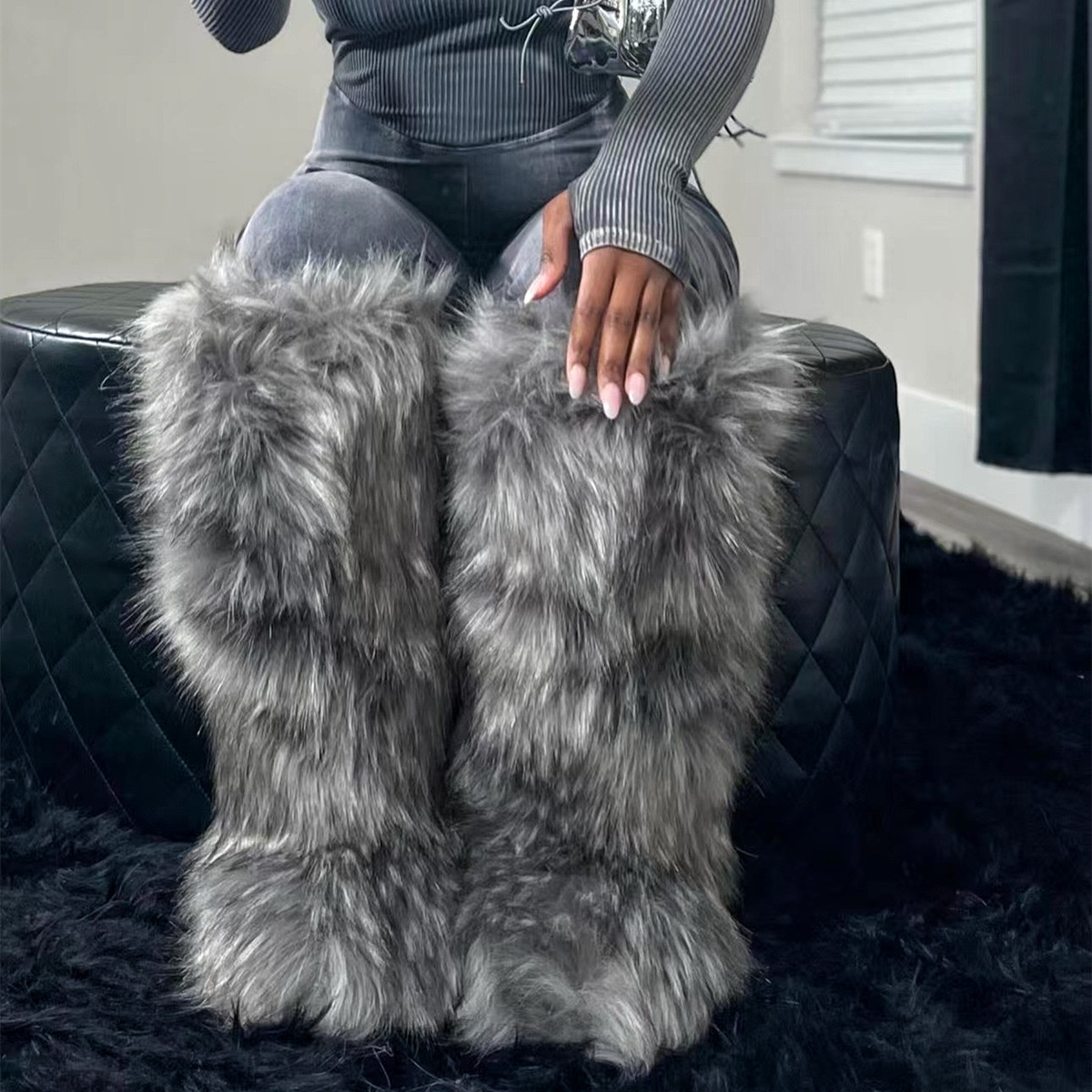 2024 Women Winter Thigh Fluffy Ladies Furry Faux Fox Long Warm Shoes Girls New New Designer Plush Knee High Fur Boots