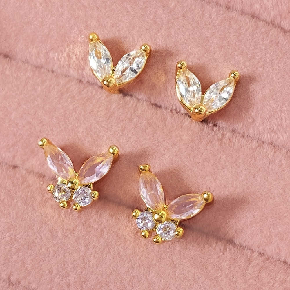 Korean Trendy Designer 18K Gold Plated Waterproof Tiny Cubic Zirconia Leaf Stud Earrings