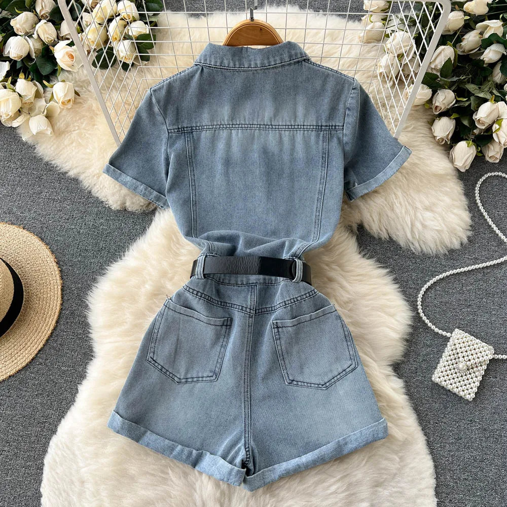Jumpsuit Denim Shorts 2024 Womens Lapel Short Sleeved Belt High Waisted Wide Leg Shorts Fashionable High Street Ladies Wear 250107