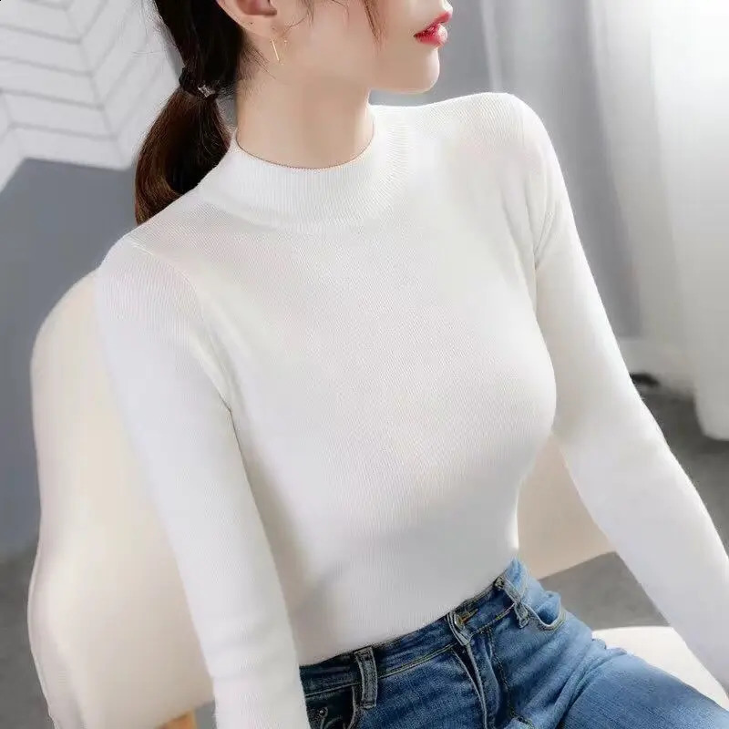 Screw Thread Womens Clothing Solid Color Long Sleeve Sweater Knitted Half High Collar Casual Autumn Winter Allmatch Tops 250113