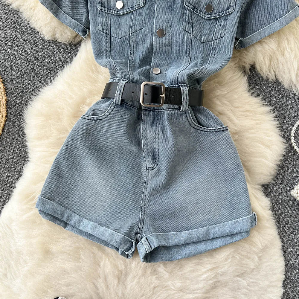 Jumpsuit Denim Shorts 2024 Womens Lapel Short Sleeved Belt High Waisted Wide Leg Shorts Fashionable High Street Ladies Wear 250107