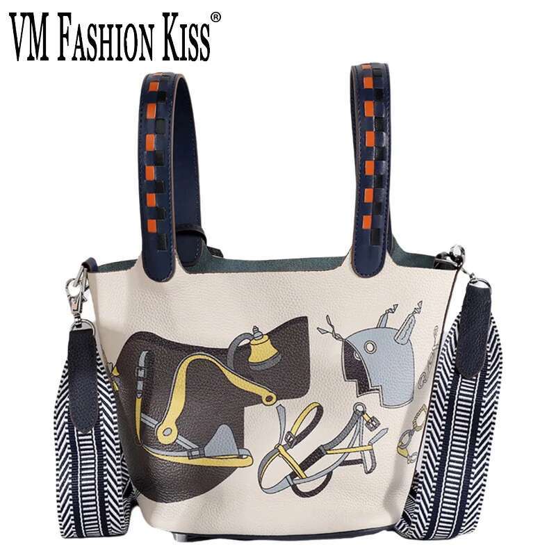 VM FASHION KISS Painted Basket Handbag Stylish Adjustable Shoulder Top Cowhide Women's Leather Hand Leisure Bag