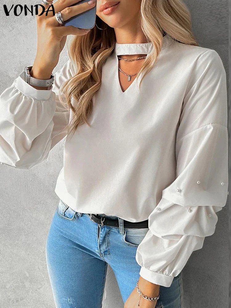 VONDA Women Ruffled Tops Elegant Long Sleeve Blouses Casual Solid Color Blusas Female Stand Collar Shirts Oversized Tunics 250102