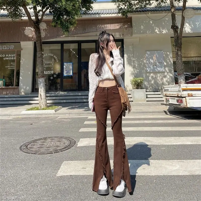 Coffee Colored Fringed Split Jeans for Women High Waisted ElasticTight Fit Slim Floor Length Pants 250106