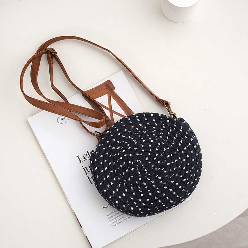 Round Women's Shoulder Bag Woven with Cotton Rope, Street Trendy and Versatile Round Straight 250113