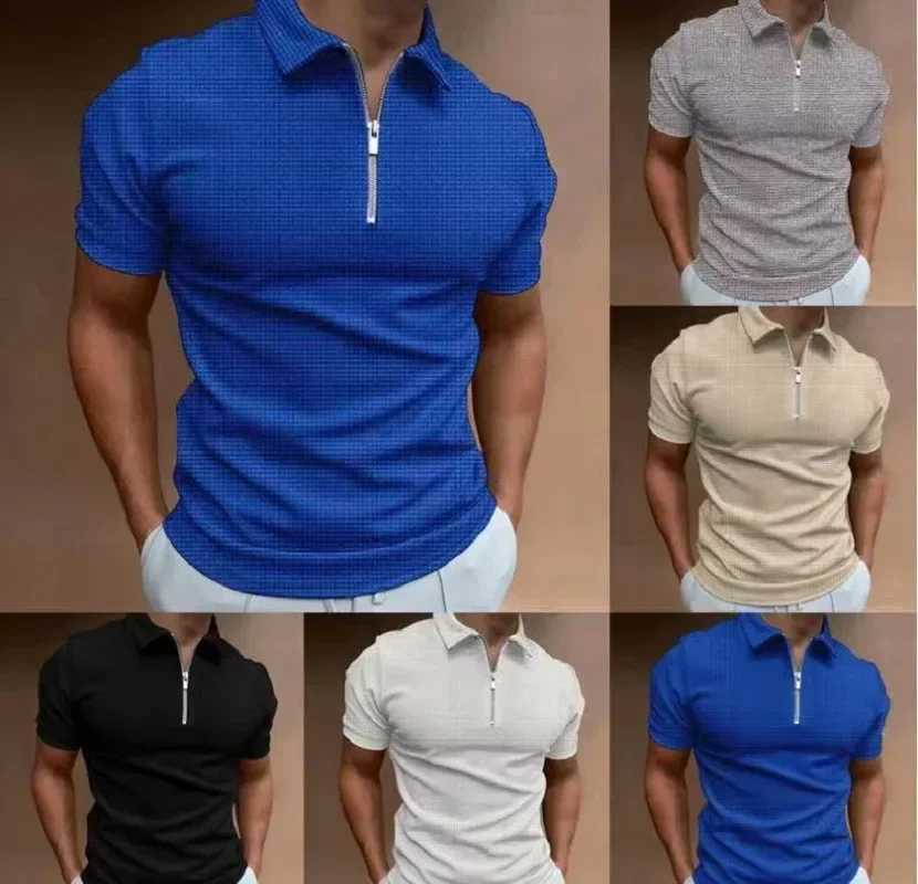 High Quality Summer New Mens Zipper Waffle Polo Shirt Short Sleeve Waffle Gezi Casual T-shirt Mens Thin Solid Color T250113