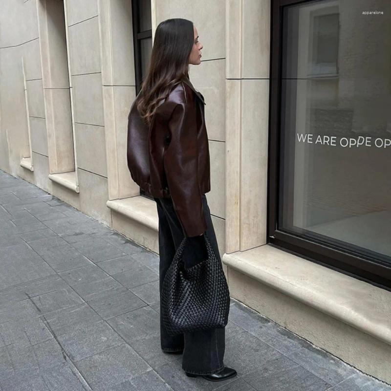 Womens Jackets Reddish Brown Faux Leather Jacket Outerwear 2025 Autumn Winter Turn-down Collar Thicken Zipper Lapel Pu Women Coats