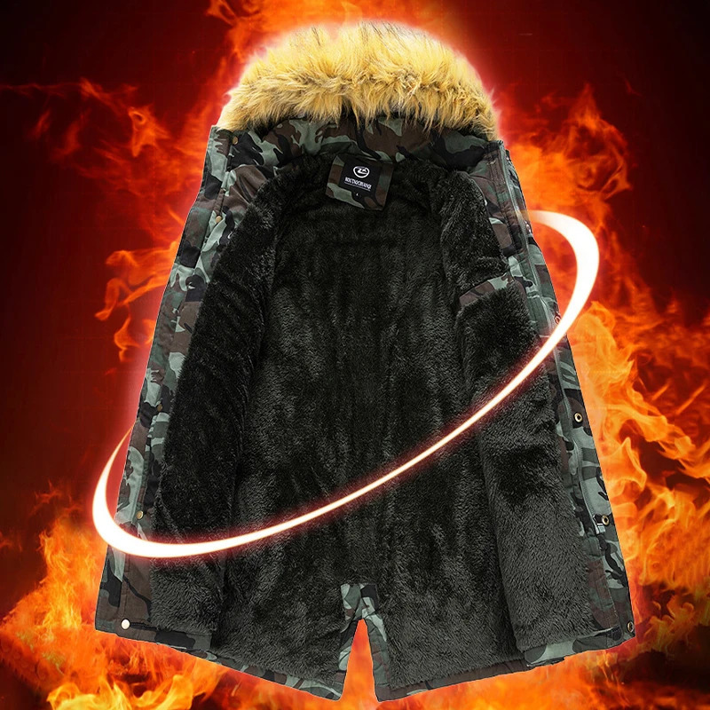 2024 Winter Outdoor Mens Cold Coat Warm Hunting Camouflage Thickened Midlength Cotton Work Windproof Clothing 250107