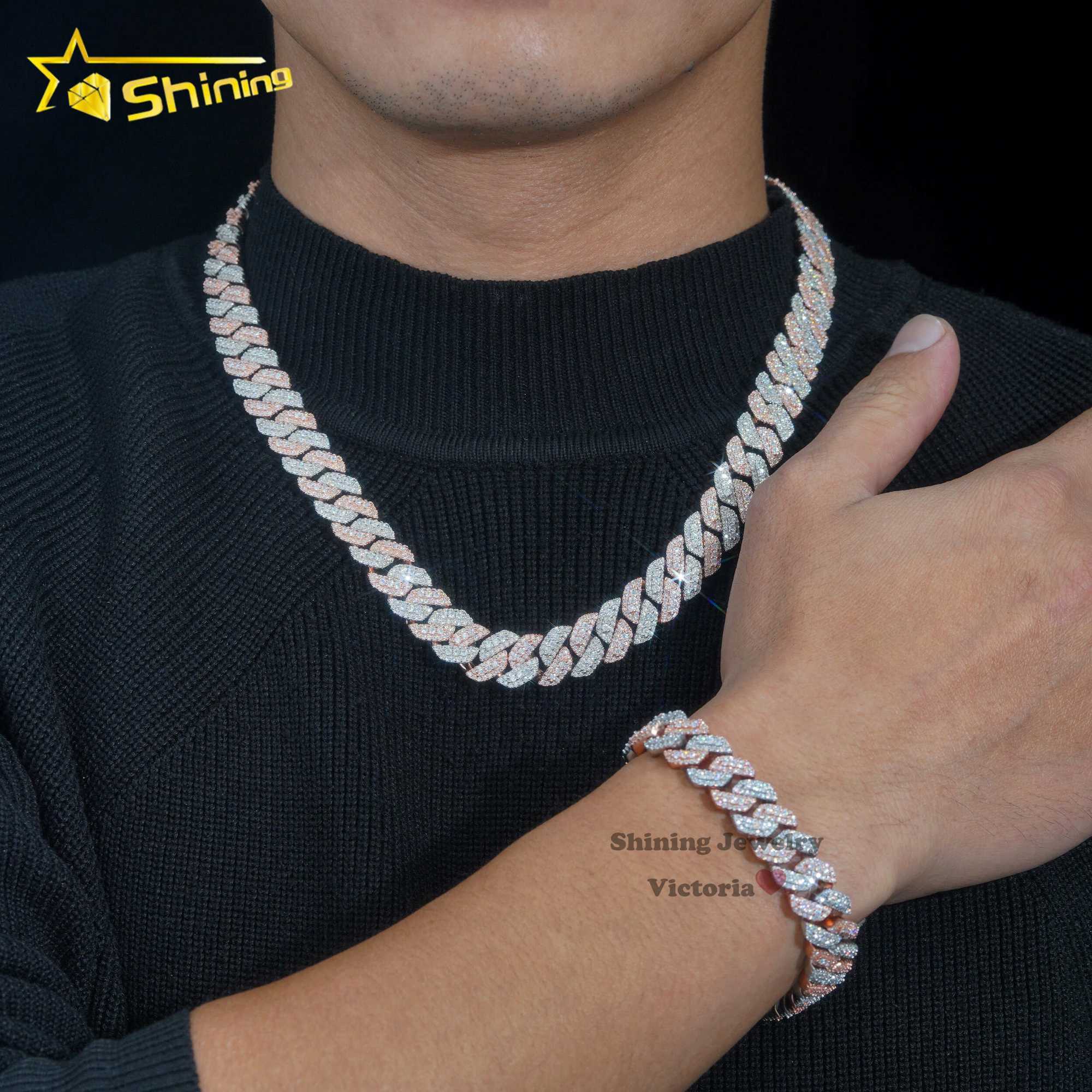 Rose gold plated two tone iced out 13mm 925 sterling silver pass diamond tester hip hop jewelry vvs moissanite cuban link chain