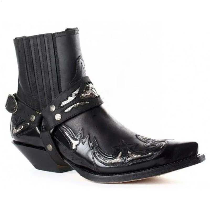 Mens Classic Ankle Boots Color Matching Genuine Leather Pointed Toe Shoes Mid-heel Rivet Chelsea Fashion Street Rider Shoes 250106