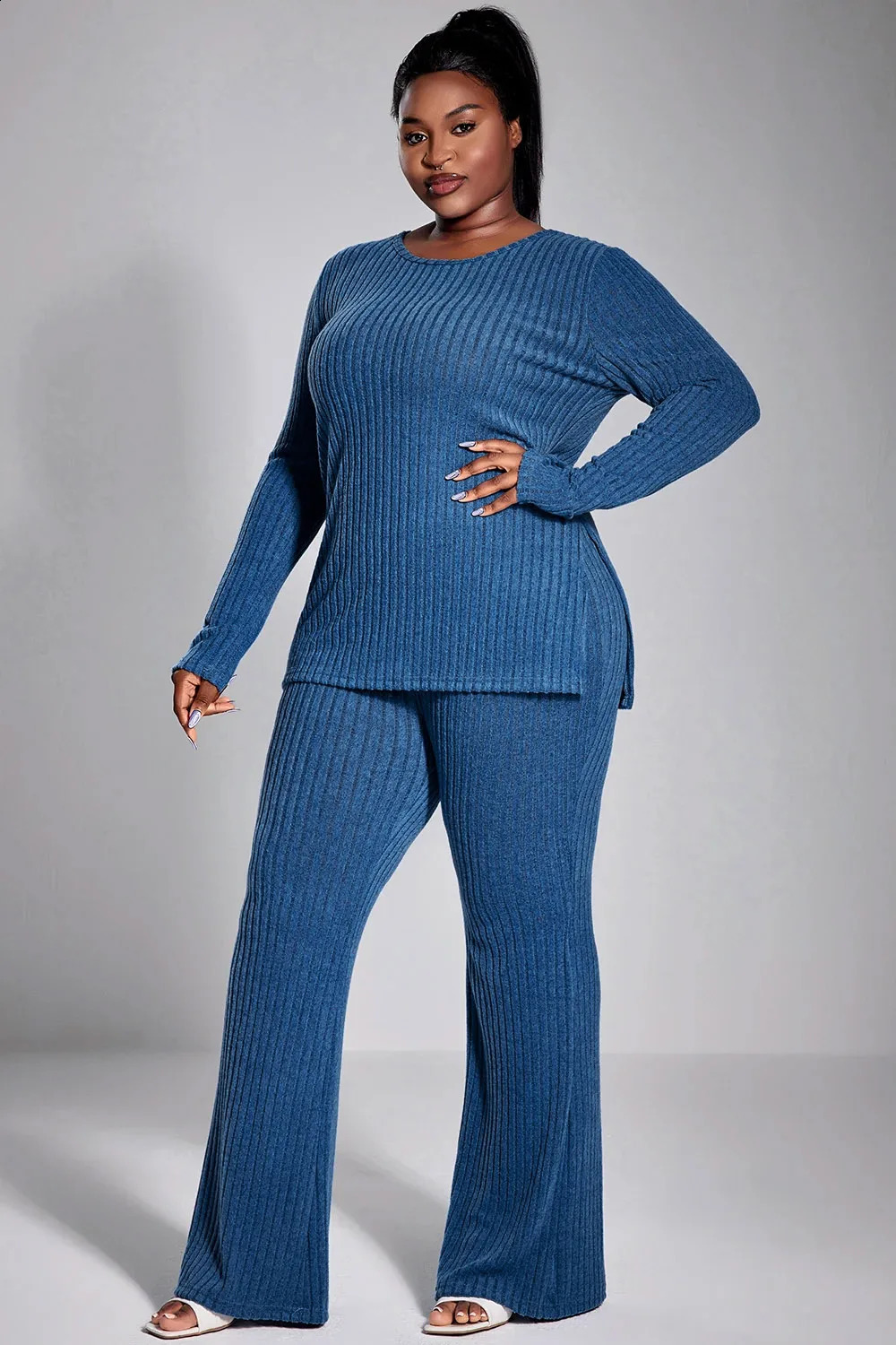 Plus Size Fall Winter Casual Pant Set Royal Blue Solid Color Slim Fit Knitted Round Neck Top Two Piece y250122