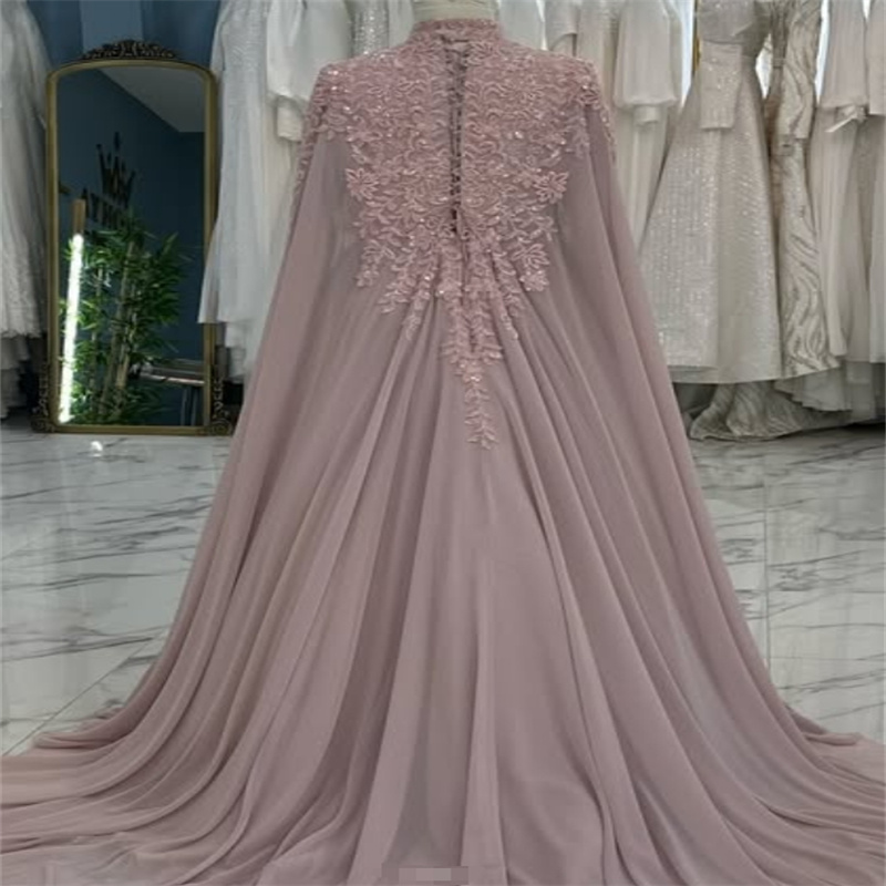 Dusty Pink Muslim Wedding Dress Arabian Moroccan Traditional Ingush Bride Dress Caftan Applique Islamic Sukienka Civil Saudi Arabic Bridal Gowns 2025 