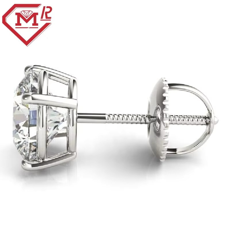 4 Prong Real 10K Solid Gold Earring Screw Back Unisex VVS Round Moissanite Stud Earrings