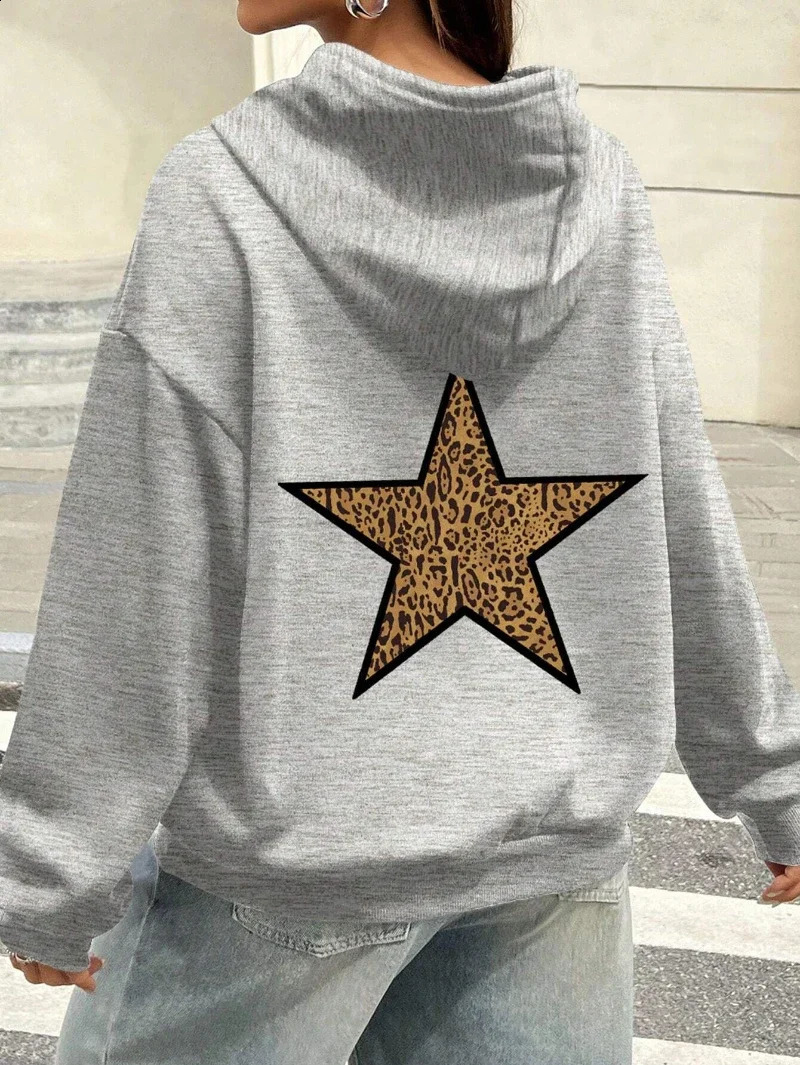 Casual Womans Hoodies Leopard Pentagram Pattern Printing Pullovers Loose Pocket Warm Fleece Sweatshirts Autumn Female Clothing 250113
