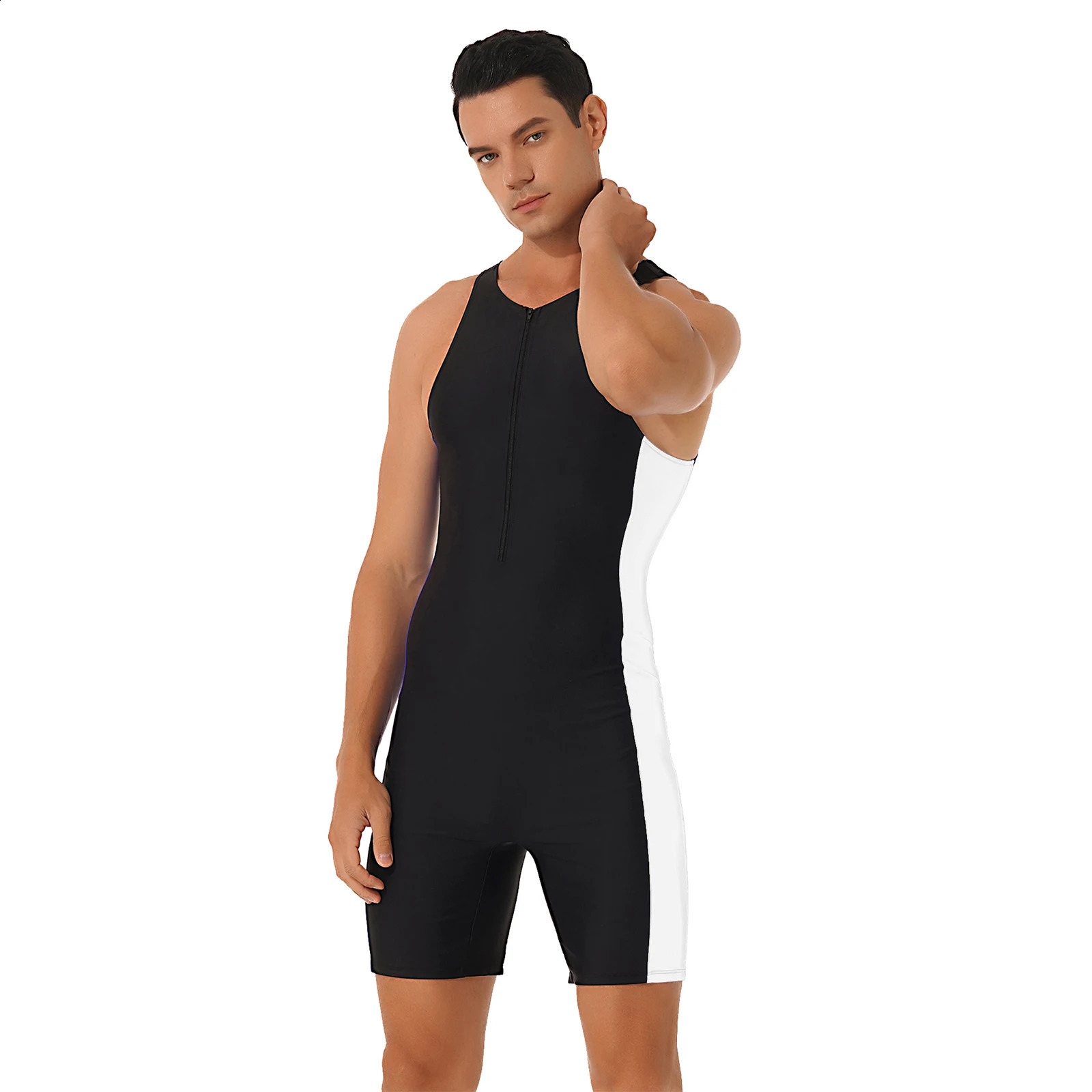 Mens Swimwear One-piece Wetsuit Swimming Bathing Suit Round Neck Sleeveless Side Shorts Bodysuit Triathlon Front Zipper Swimsuit 250108