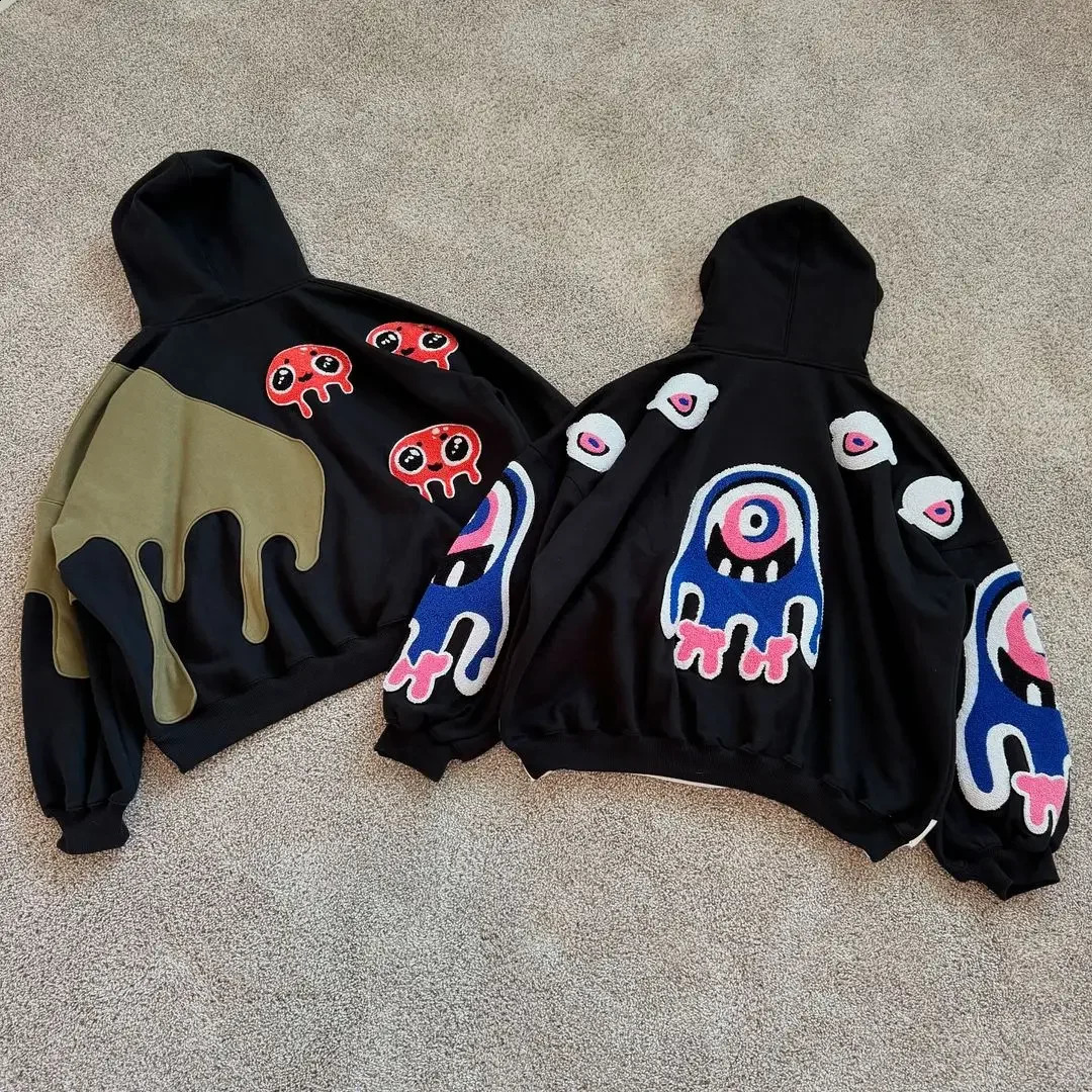 Gothic Casual Hooded Sweatshirt Retro Fashion Y2k High Street Cartoon Splicing Plus Size Harajuku Niche Couple Loose Top 250109