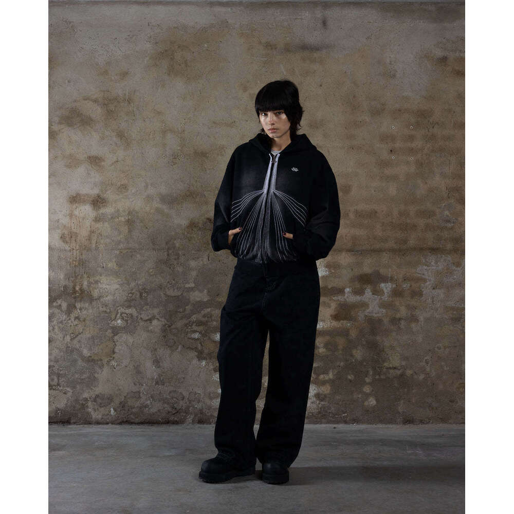 2024 Autumn/Winter Street Trendy Casual Solid Color Sternum Hot Diamond Zipper Loose Hoodie Punk Style