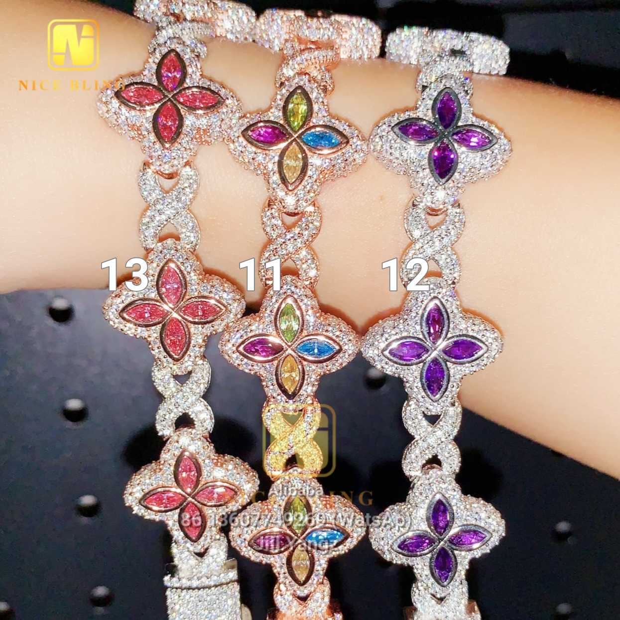 15 Options Colorful Moissanite Flower Cuban Bracelet Ready Stock Hip Hop Fancy Diamond Cuban Link Chain Moissanite 925 Silver