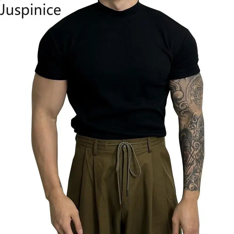 Summer Half Turtleneck Large Size Shortsleeved Tshirt Mens Elastic Casual Simple High Street Personality Tops Male Clothes 250113