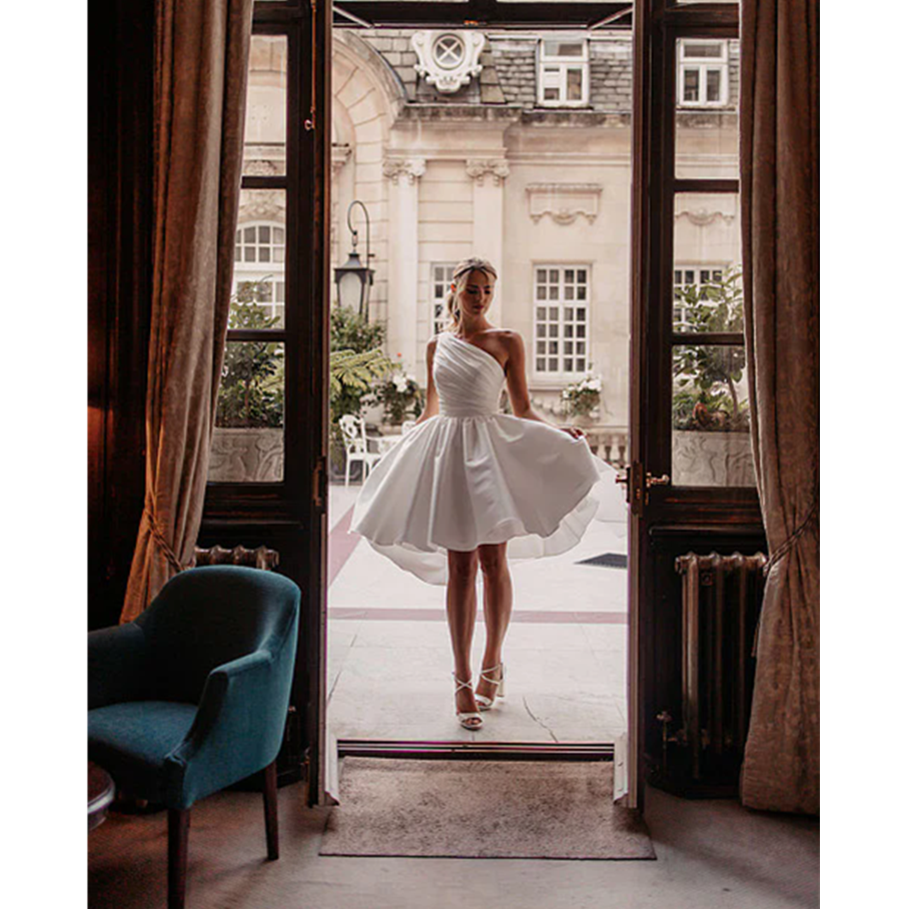 Princess One Shoulder A Line Mini Wedding Dresses for Women White Short Organza Brides Strapless Bridal Gown Vestido De Noiva Customized