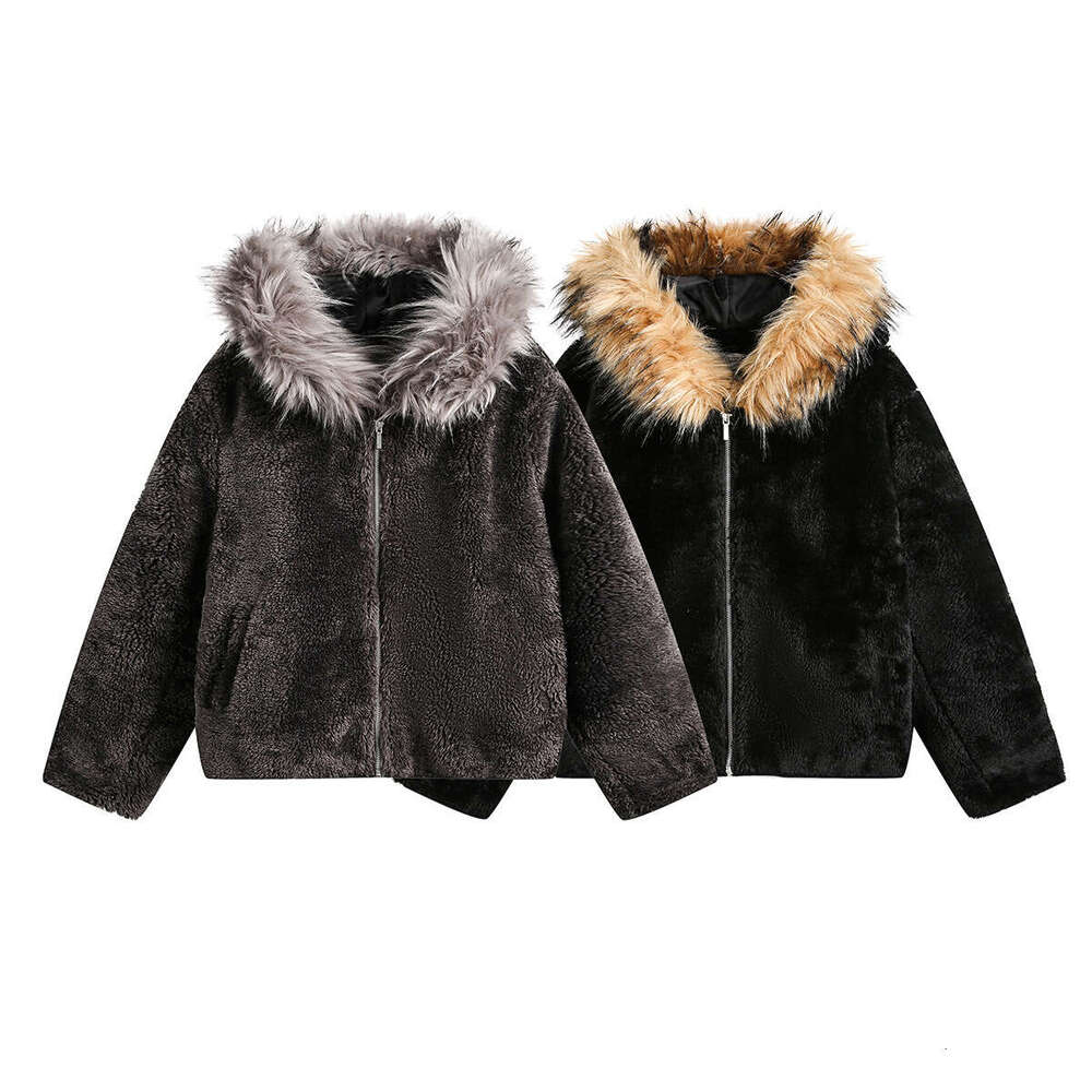 Trendy new wool collar lambskin jacket American cardigan zipper warm top 2025