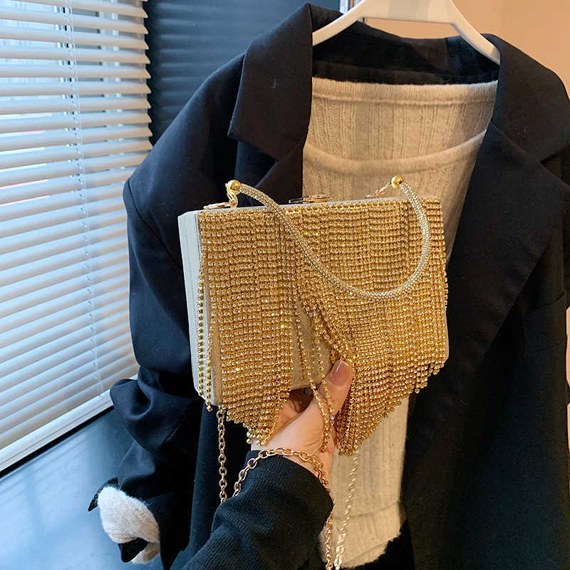 2024 Women's Bag New Fashionable Water Diamond Tassel Texture Single Shoulder Chain Handheld Box Trendy 250113
