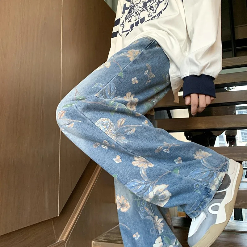 2024 baggy jeans men Floral Printed Jeans Korean Style Autumn Denim Pants High Street Loose Trousers Hip Hop Wideleg Jean 250109Z